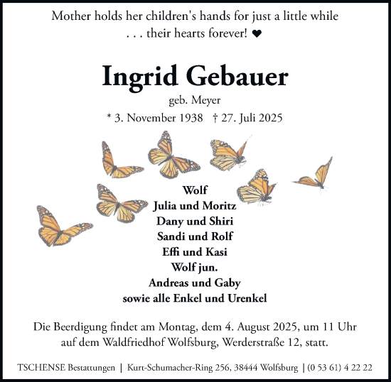 Traueranzeige von Ingrid Gebauer von Braunschweiger Zeitung, Wolfsburger Nachrichten