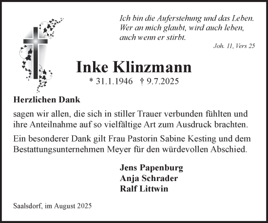 Traueranzeige von Inke Klinzmann von Helmstedter Nachrichten