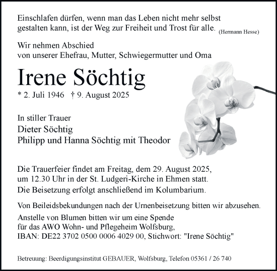 Traueranzeige von Irene Söchtig von Braunschweiger Zeitung, Wolfsburger Nachrichten