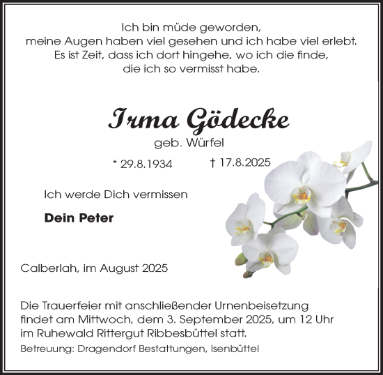 Traueranzeige von Irma Gödecke von Braunschweiger Zeitung, Wolfsburger Nachrichten