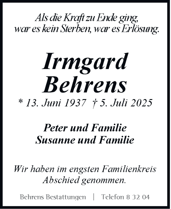 Traueranzeige von Irmgard Behrens von Braunschweiger Zeitung