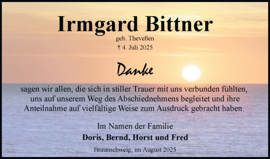 Traueranzeige von Irmgard Bittner von Braunschweiger Zeitung