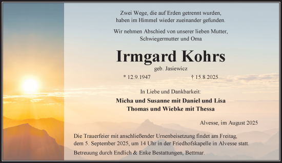 Traueranzeige von Irmgard Kohrs von Peiner Nachrichten