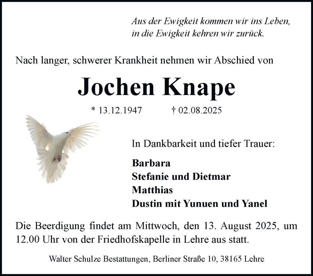  Traueranzeige für Jochen Knape vom 09.08.2025 aus Helmstedter Nachrichten