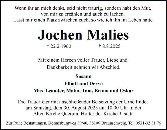 Traueranzeige von Jochen Malies von Braunschweiger Zeitung