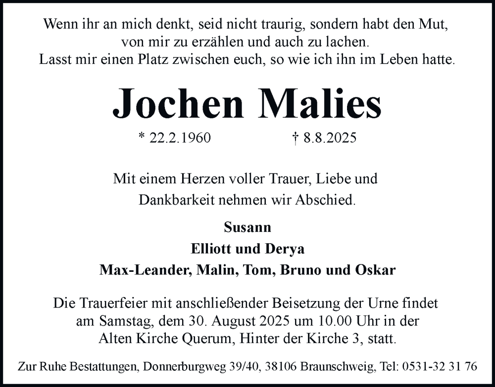  Traueranzeige für Jochen Malies vom 23.08.2025 aus Braunschweiger Zeitung