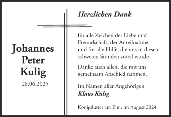 Traueranzeige von Johannes Peter Kulig von Helmstedter Nachrichten
