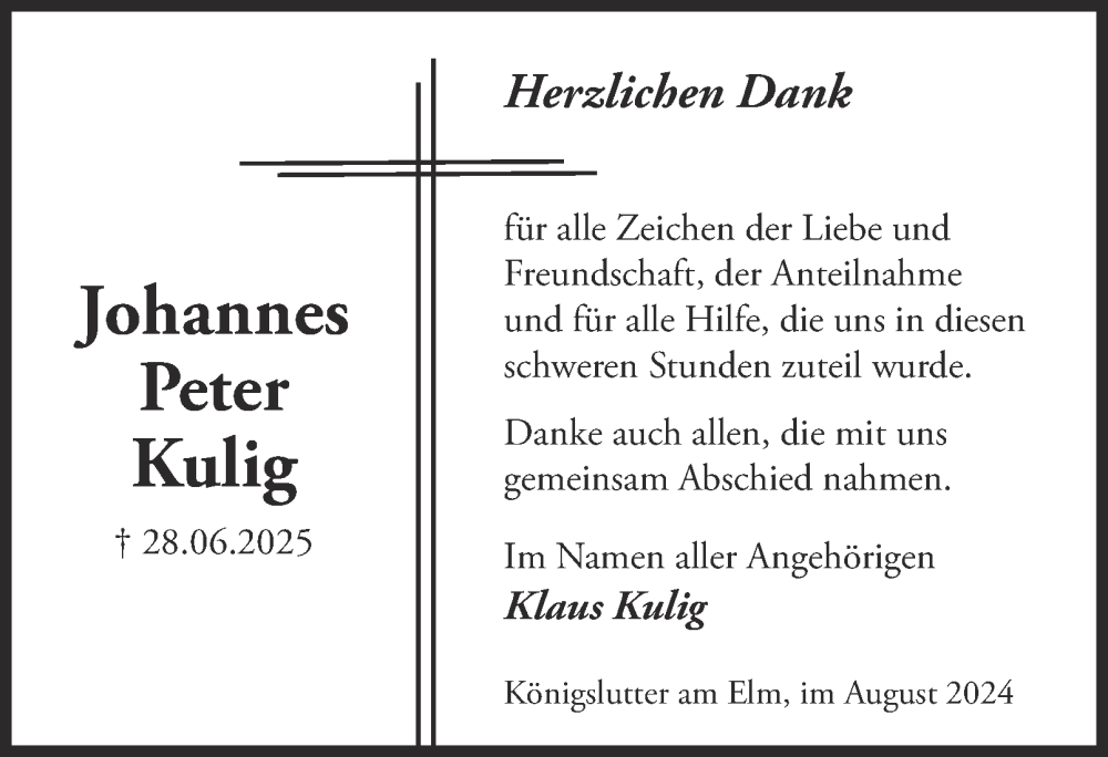  Traueranzeige für Johannes Peter Kulig vom 02.08.2025 aus Helmstedter Nachrichten