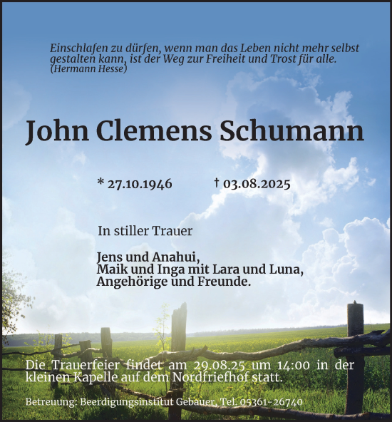 Traueranzeige von John Clemens Schumann von Braunschweiger Zeitung, Wolfsburger Nachrichten