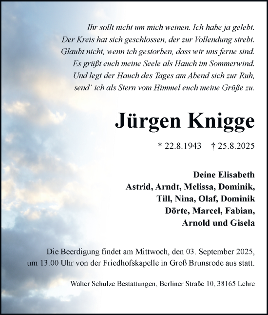 Traueranzeige von Jürgen Knigge von Helmstedter Nachrichten