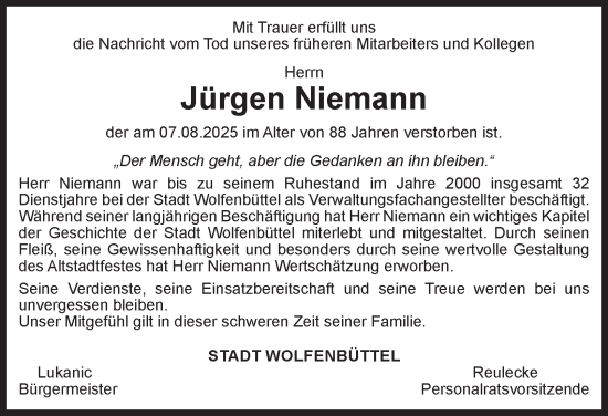Traueranzeige von Jürgen Niemann von Wolfenbütteler Zeitung