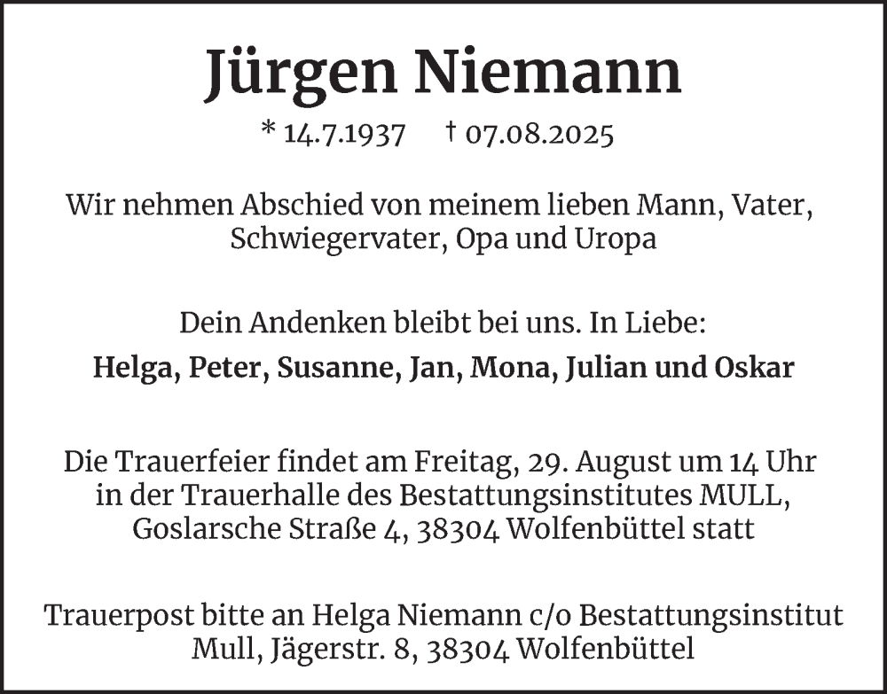  Traueranzeige für Jürgen Niemann vom 23.08.2025 aus Wolfenbütteler Zeitung