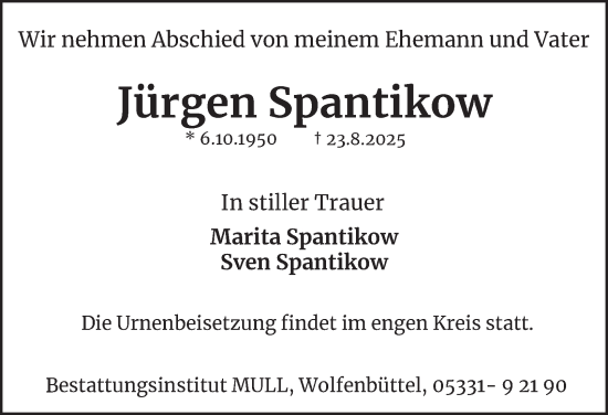Traueranzeige von Jürgen Spantikow von Wolfenbütteler Zeitung