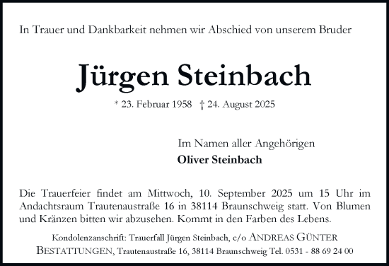 Traueranzeige von Jürgen Steinbach von Braunschweiger Zeitung