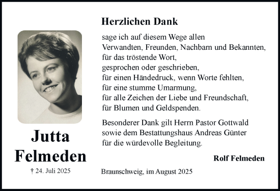 Traueranzeige von Jutta Felmeden von Braunschweiger Zeitung