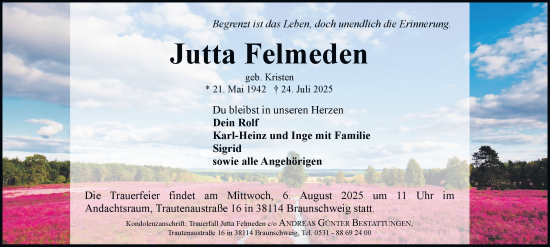 Traueranzeige von Jutta Felmeden von Braunschweiger Zeitung