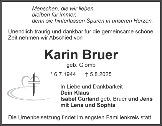 Traueranzeige von Karin Bruer von Wolfenbütteler Zeitung