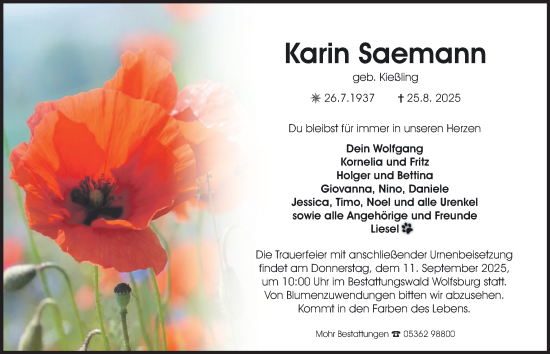 Traueranzeige von Karin Saemann von Braunschweiger Zeitung, Wolfsburger Nachrichten