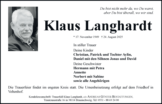 Traueranzeige von Klaus Langhardt von Braunschweiger Zeitung