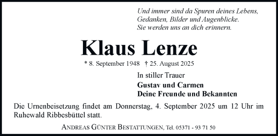 Traueranzeige von Klaus Lenze von Braunschweiger Zeitung