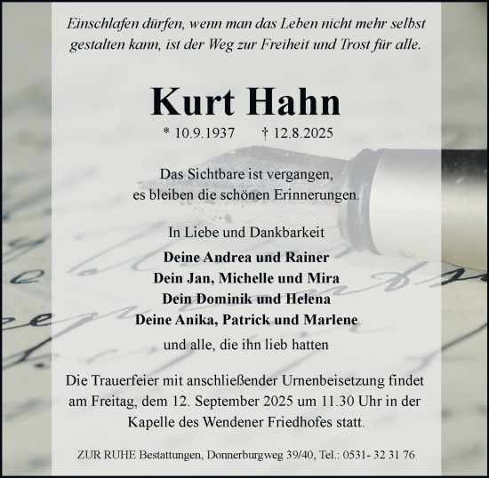 Traueranzeige von Kurt Hahn von Braunschweiger Zeitung