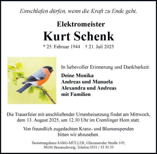 Traueranzeige von Kurt Schenk von Braunschweiger Zeitung