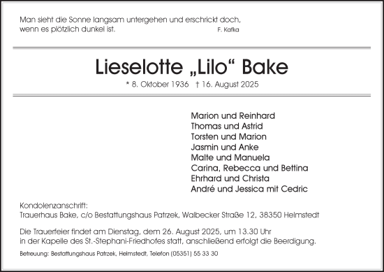 Traueranzeige von Lieselotte Bake von Helmstedter Nachrichten