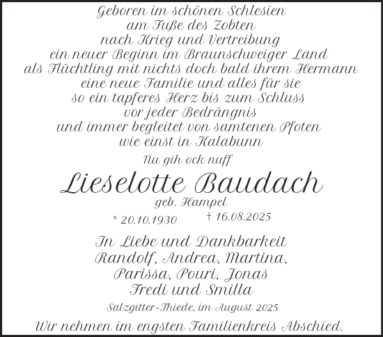 Traueranzeige von Lieselotte Baudach von Salzgitter-Zeitung