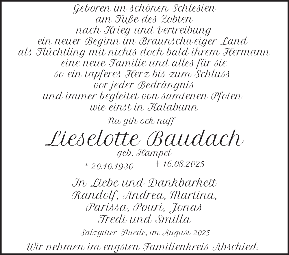  Traueranzeige für Lieselotte Baudach vom 22.08.2025 aus Salzgitter-Zeitung