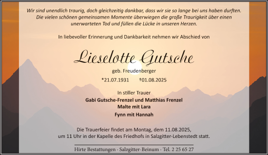 Traueranzeige von Lieselotte Gutsche von Salzgitter-Zeitung