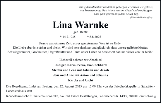 Traueranzeige von Lina Warnke von Salzgitter-Zeitung
