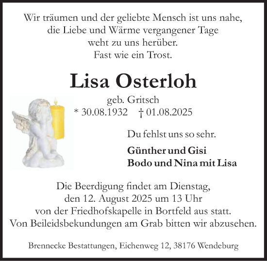 Traueranzeige von Lisa Osterloh von Peiner Nachrichten