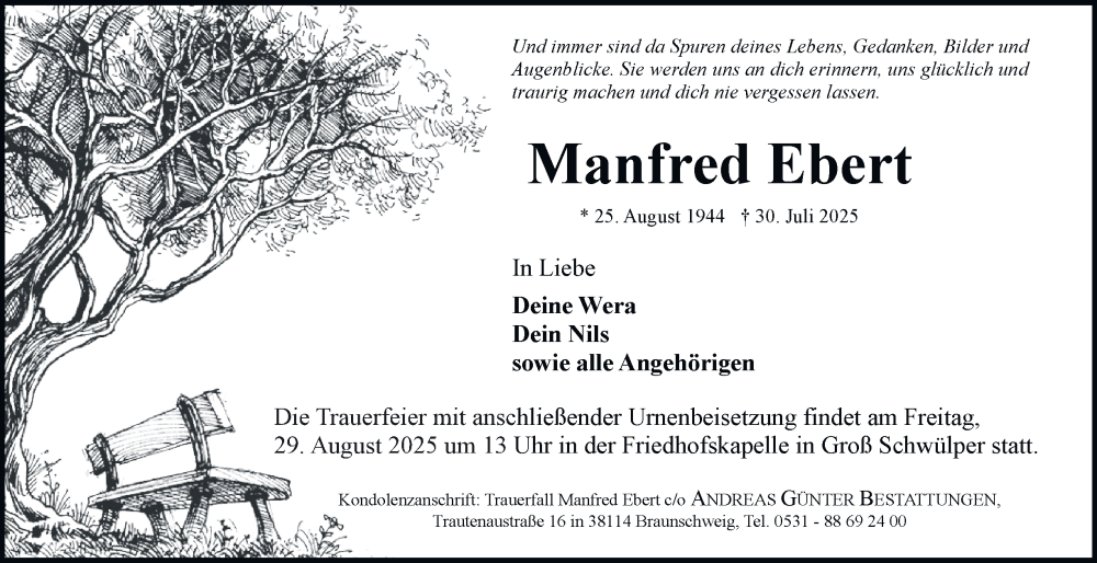  Traueranzeige für Manfred Ebert vom 02.08.2025 aus Braunschweiger Zeitung