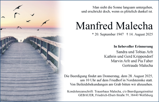 Traueranzeige von Manfred Malecha von Braunschweiger Zeitung, Wolfsburger Nachrichten