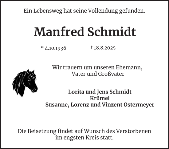 Traueranzeige von Manfred Schmidt von Braunschweiger Zeitung