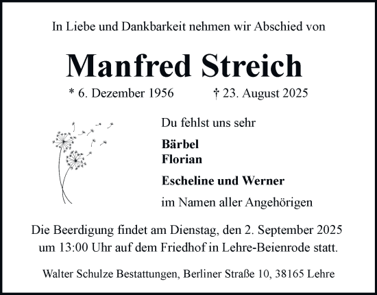 Traueranzeige von Manfred Streich von Braunschweiger Zeitung, Wolfsburger Nachrichten
