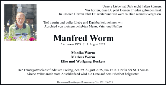 Traueranzeige von Manfred Worm von Braunschweiger Zeitung