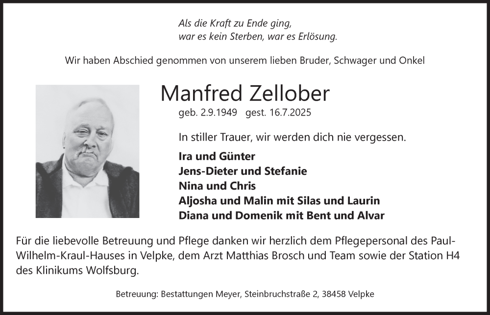  Traueranzeige für Manfred Zellober vom 09.08.2025 aus Helmstedter Nachrichten