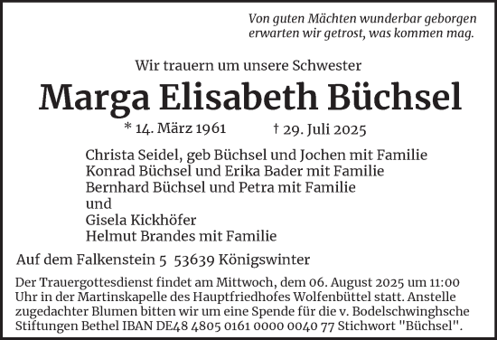 Traueranzeige von Marga Elisabeth Büchsel von Braunschweiger Zeitung