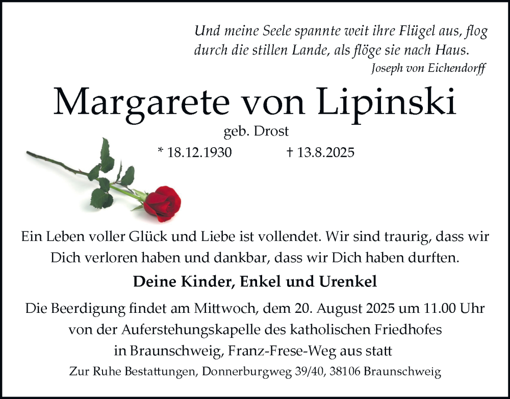  Traueranzeige für Margarete von Lipinski vom 16.08.2025 aus Braunschweiger Zeitung