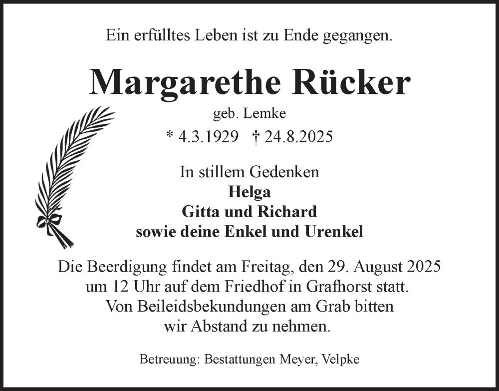  Traueranzeige für Margarethe Rücker vom 27.08.2025 aus Helmstedter Nachrichten