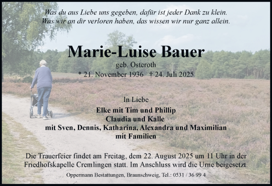 Traueranzeige von Marie-Luise Bauer von Braunschweiger Zeitung
