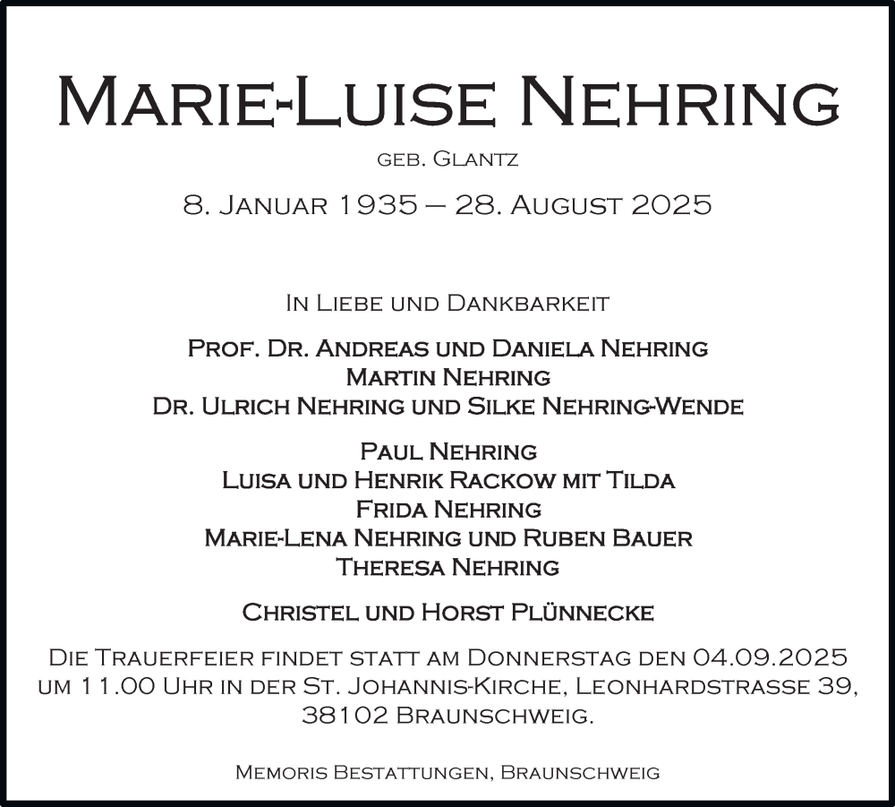  Traueranzeige für Marie-Luise Nehring vom 30.08.2025 aus Salzgitter-Zeitung