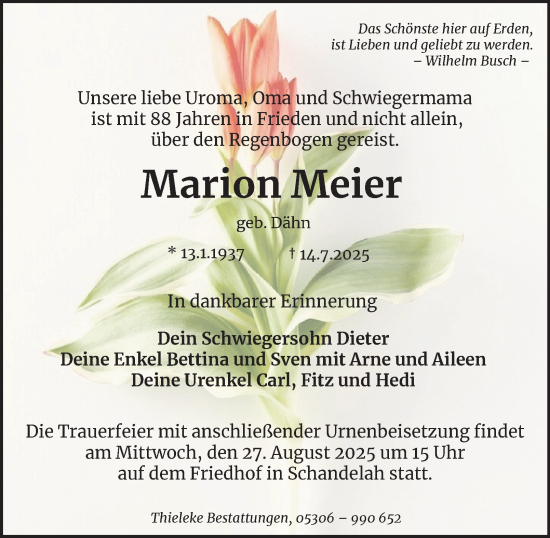 Traueranzeige von Marion Meier von Wolfenbütteler Zeitung