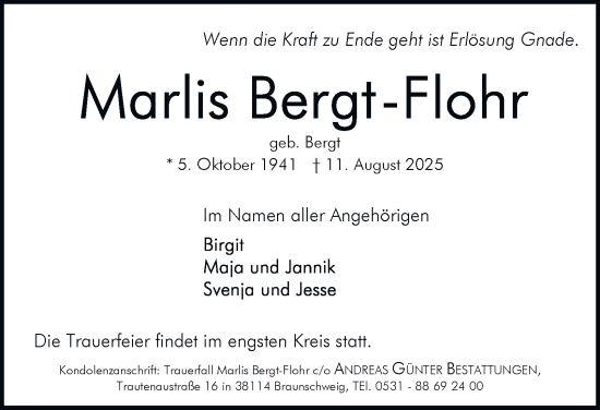 Traueranzeige von Marlis Bergt-Flohr von Braunschweiger Zeitung