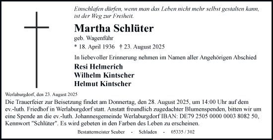 Traueranzeige von Martha Schlüter von Wolfenbütteler Zeitung