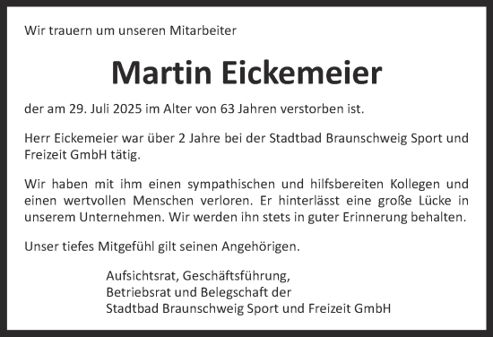 Traueranzeige von Martin Eickemeier von Braunschweiger Zeitung