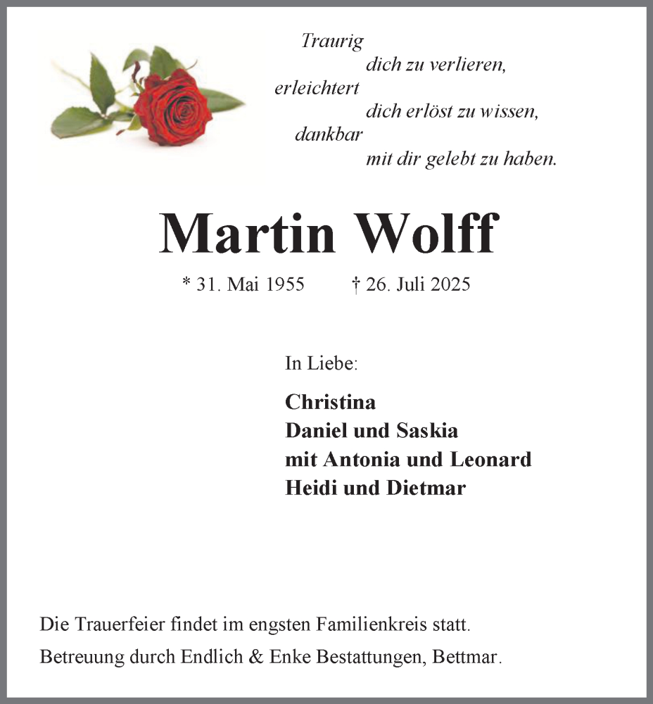  Traueranzeige für Martin Wolff vom 02.08.2025 aus Peiner Nachrichten