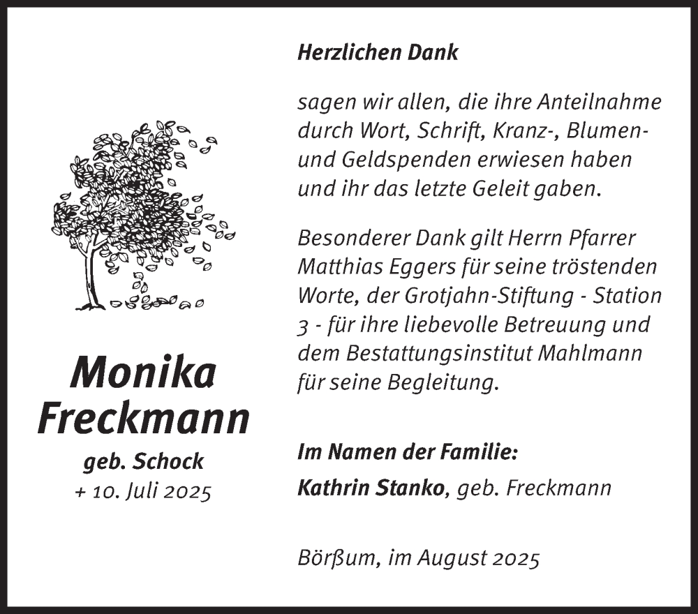  Traueranzeige für Monika Freckmann vom 09.08.2025 aus Wolfenbütteler Zeitung