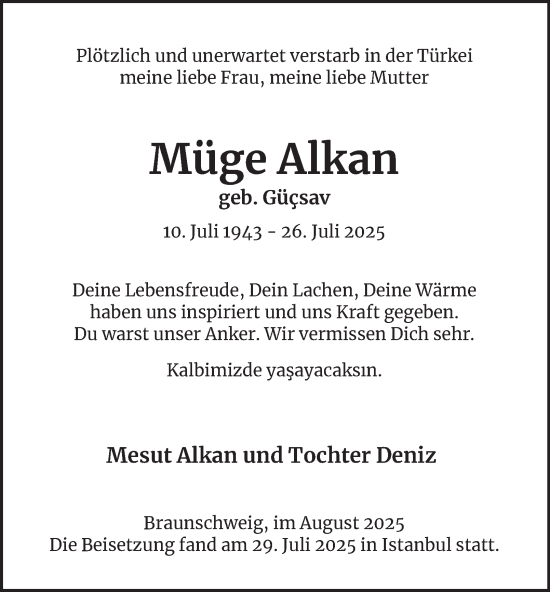 Traueranzeige von Müge Alkan von Salzgitter-Zeitung